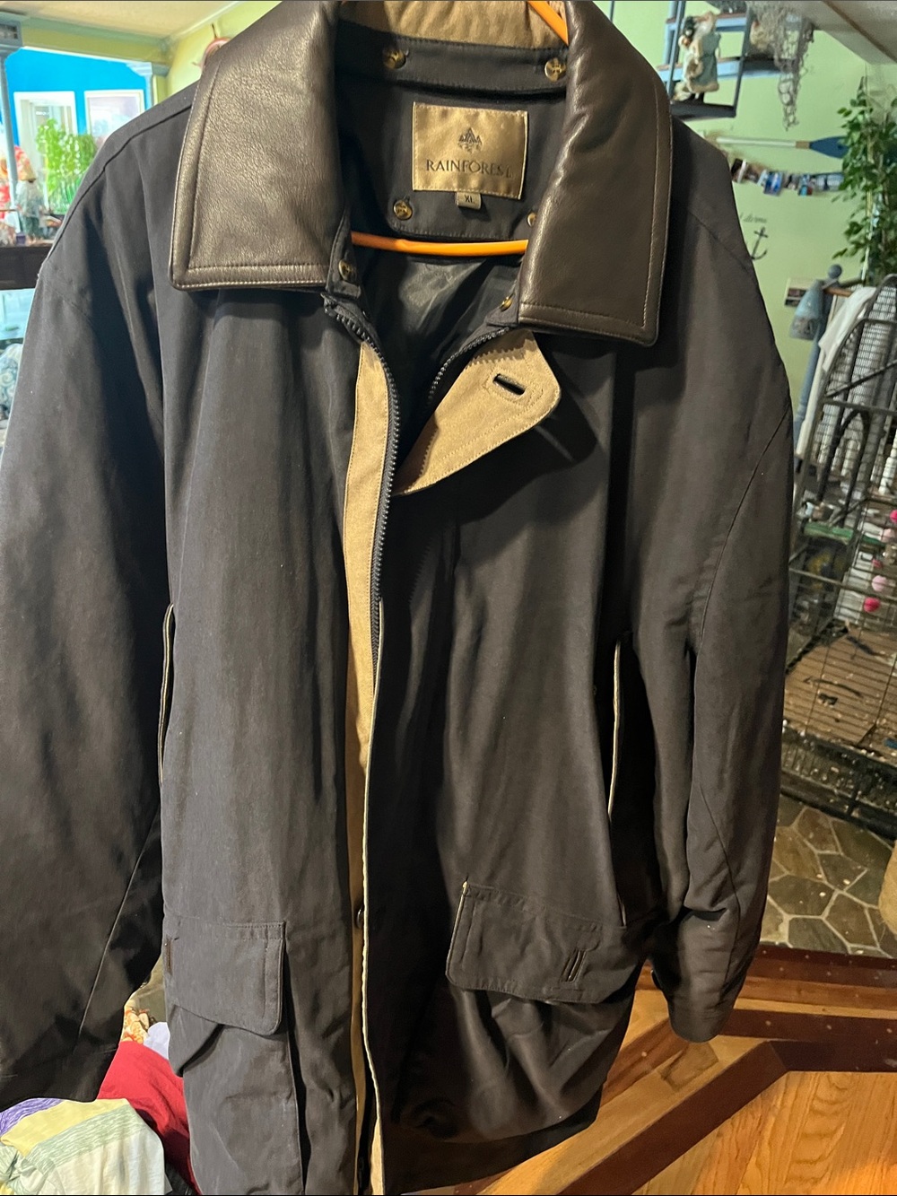 RAINFOREST Black Trench Coat with Brown Leather Collar